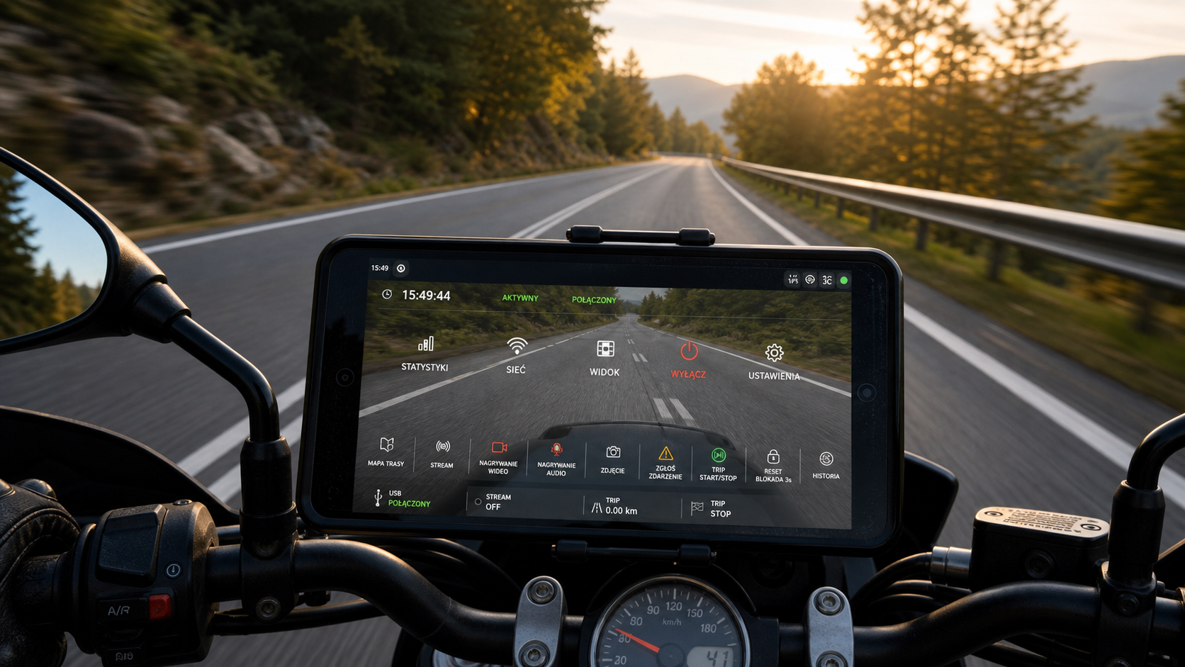 Realny ekran HUD 4RS wkomponowany w widok jazdy motocyklem po drodze
